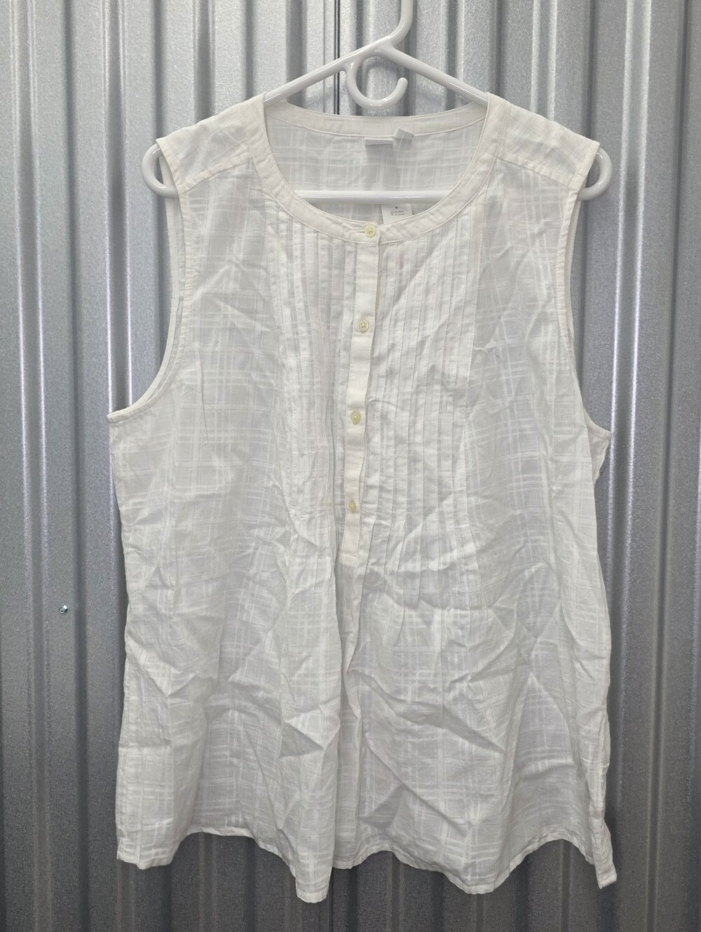Gap Sleeveless Pintuck Shirt Off White Size XL Semi Sheer Windowpane Cottage NWT